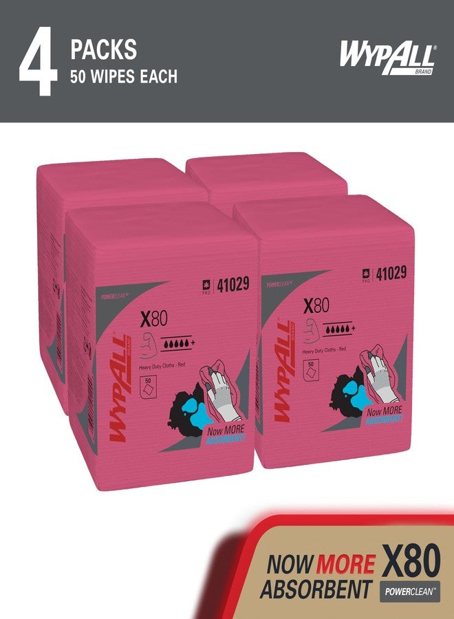 WypAll PowerClean X80 Cloths Heavy Duty Wipes (41029), Quarterfold, Extended Use Towels, Red (4 Packs of 50 Sheets, 200 Sheet Total) - Image 2
